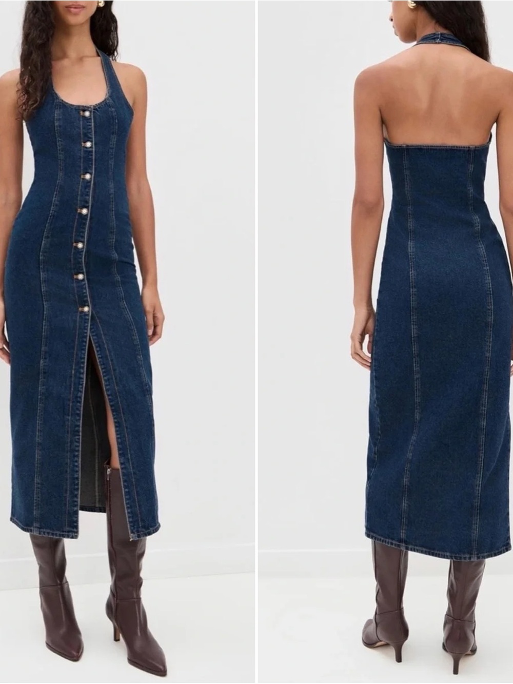 Lioness Kenny Maxi Dress Womens 2 Denim Halter Button Front Sleeveless Indigo